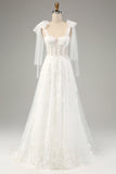 Princess White A-Line Lace Up Tulle Corset Wedding Dress with Appliques Lace