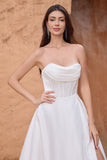 Elegant A Line Strapless Pleated Sweep Train White Wedding Dress With Slit