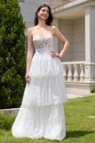 Elegant White Strapless Corset Tiered Long Bridal Party Dress with Lace