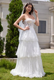 Elegant White Strapless Corset Tiered Long Bridal Party Dress with Lace