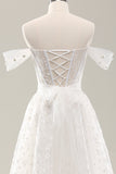 White A Line Off the Shoulder Corset Wedding Dress with Lace Up Back