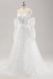 White A Line Sweetheart Applique Lace Wedding Dress with Detachable Sleeves