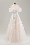 White A Line Off the Shoulder Tulle Lace Bridal Party Dress with Embroidery