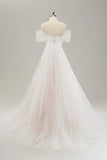 White A Line Off the Shoulder Tulle Lace Bridal Party Dress with Embroidery