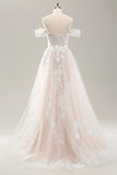 White A Line Off the Shoulder Tulle Wedding Dress with Applique Lace