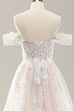 White A Line Off the Shoulder Tulle Wedding Dress with Applique Lace