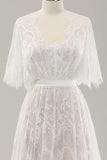 White A Line Sweetheart Lace Long Wedding Dress with Short Sleeves