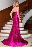 Hot Pink Strapless Satin Corset Long Ball Prom Dress With Accessory