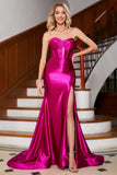 Hot Pink Strapless Satin Corset Long Ball Prom Dress With Accessory