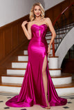 Hot Pink Strapless Satin Corset Long Ball Prom Dress With Accessory