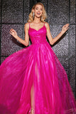Hot Pink A-Line Long Corset Ball Prom Dress with Accessory