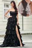 Black Strapless A-Line Long Tiered Ball Prom Dress with Accessory