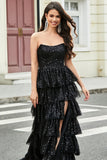 Black Strapless A-Line Long Tiered Ball Prom Dress with Accessory