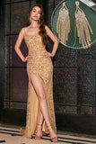 Golden Sequins Long Ball Prom Dress with Accessory