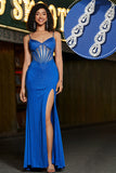 Beading Royal Blue Mermaid Glitter Corset Ball Prom Dress with Accessory