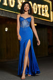 Beading Royal Blue Mermaid Glitter Corset Ball Prom Dress with Accessory