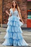 Tiered Tulle Sweetheart Bow Tie Straps Sequin Prom Dress with Accessory