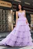 Purple Princess A Line Tiered Corset Prom Dress with Accessory