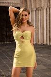 Strapless Cut Out Fuchsia Beaded Tight Short Cocktail Dress