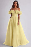 Off the Shoulder A-Line Yellow Long Ball Dress with Ruffles