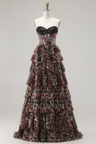 Brown Leopard A-Line Sweetheart Corset Tiered Long Ball Dress with Ruffles