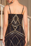 Black Mermaid Sequin Fringed Midi 1920s Dress