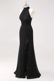 Black Halter Neck Ruffles Mermaid Long Formal Dress