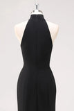 Black Halter Neck Ruffles Mermaid Long Formal Dress