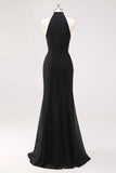 Black Halter Neck Ruffles Mermaid Long Formal Dress