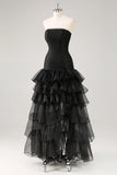 Strapless Black Tiered Ruffles Tulle Formal Dress