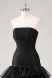 Strapless Black Tiered Ruffles Tulle Formal Dress