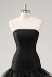 Strapless Black Tiered Ruffles Tulle Formal Dress