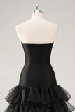 Strapless Black Tiered Ruffles Tulle Formal Dress