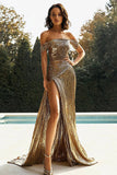 Off The Shoulder Metallic Gold Sheath Prom Dress With Slit
