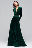 Dark Green A Line V Neck Velvet Holiday Party Dress With Long Sleeves