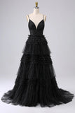 A Line Spaghetti Straps Navy Long Ball Dress with Ruffles