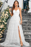 White A Line V Neck Tulle Long Ball Dress with Slit