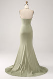 Sheath Pistachio V-Neck Beaded Long Prom Dress With Slit