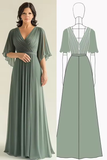 Agave Chiffon Pleated Flare Sleeves V Neck Mother of The Bride Dress