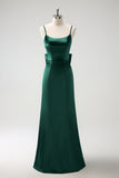 Dark Green Mermaid Spaghetti Straps Satin Bow Ruffle Long Bridesmaid Dress