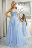 Sparkly Light Blue A-Line Tulle Ball Dress With Appliques