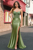 Mermaid Sage Spaghetti Straps Slit Prom Dress With Lace-up Back