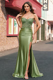 Mermaid Sage Spaghetti Straps Slit Prom Dress With Lace-up Back