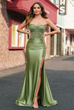 Mermaid Sage Spaghetti Straps Slit Prom Dress With Lace-up Back