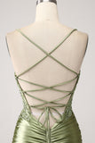 Mermaid Sage Spaghetti Straps Lace-up Back Ball Dress with Slit