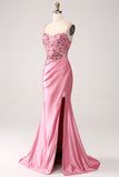Pink Mermaid Spaghetti Straps Sequin Corset Prom Dress with Slit