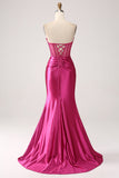 Fuchsia Mermaid Sweetheart Pleated Long Corset Satin Ball Dress with Slit