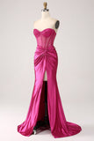Fuchsia Mermaid Sweetheart Pleated Long Corset Satin Ball Dress with Slit