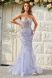 Mermaid Spaghetti Straps Purple Tulle Long Ball Dress With Appliques