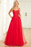 A Line Spaghetti Straps Red Long Ball Dress with Appliques
